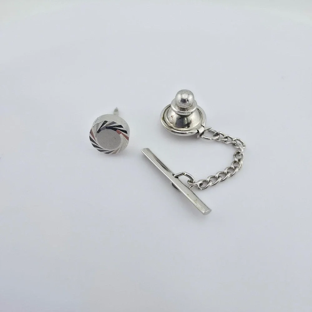 Vtg Tie Tack Clip Clasp Lapel Hat Pin Diamond Cut Silver Tone Sleek Minimalist